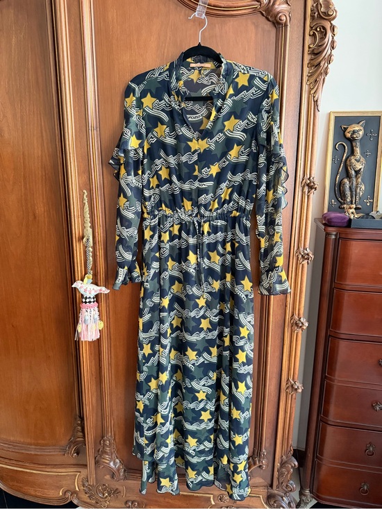 Scotch & Soda Dresses & Skirts - Scotch & Soda Yellow & Green Star Navy Print Ruffle Maxi Dress Size Small